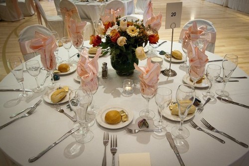 traditional round pink and cream wedding table