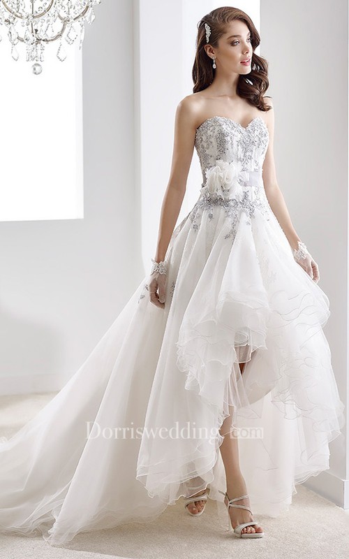 destination wedding dresses, Sweetheart High-Low Beaded Gown With Ruffles And Floral Decoration