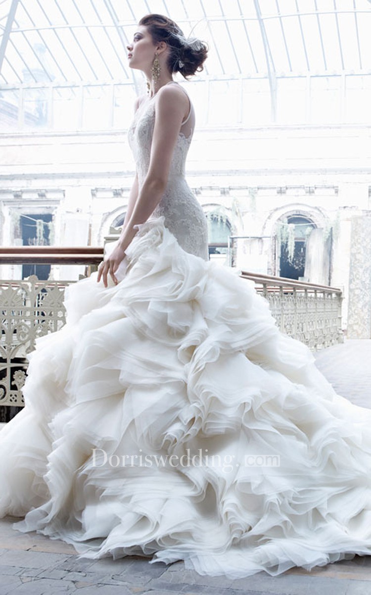 destination wedding dresses, Chic Illusion Neckline Organza Flounce Ball Gown With Lace Bodice