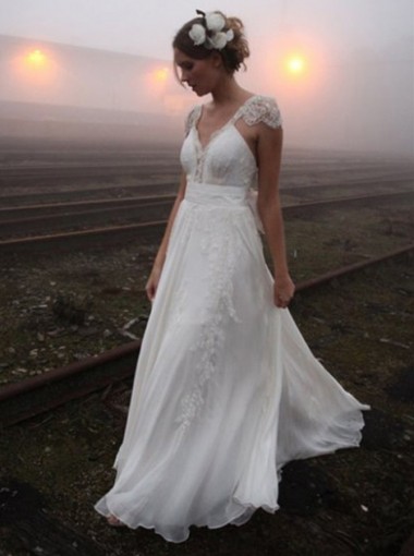 destination wedding dresses, beach wedding dresses, A-Line V-Neck Cap Sleeves Chiffon Wedding Dress with Appliques Bowknot