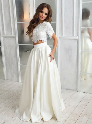 Destination Wedding Dresses, 2 piece wedding dress, Two Piece Round Neck Short Sleeves Satin Wedding Dress with Lace