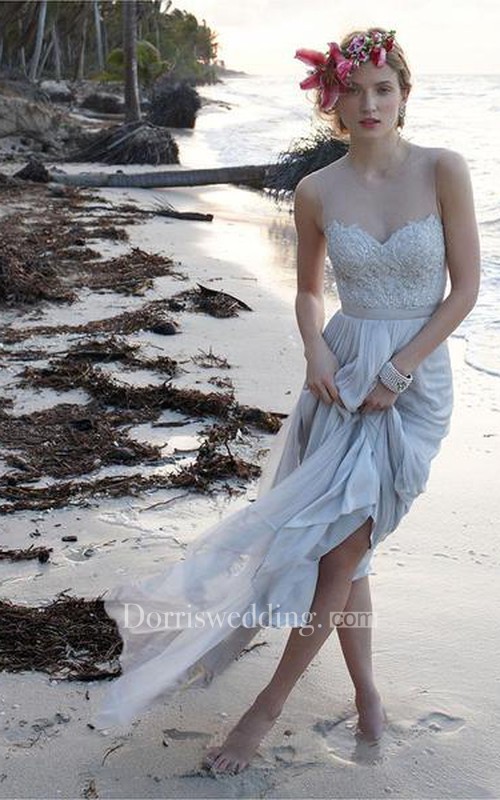destination wedding dresses, Illusion Neckline Sheer Back Beach Lace Chiffon Wedding Dress