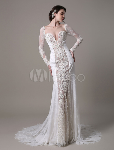 Sexy Lace Vintage Wedding Dress With Long Sleeves Deep Illusion V-Neck Luxury Beaded And Pearls All Bodice, dresses for a tropical wedding, beach wedding dress