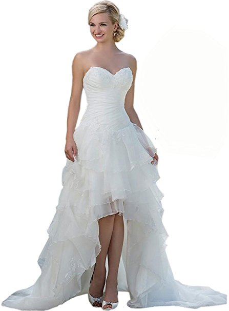 Dresses for a tropical wedding, beach wedding dresses, Women's Long Hi Lo Bridal Gown Strapless Organza Wedding Dress