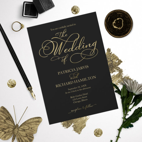 Elegant Black Gold Faux Foil Script Wedding Invitation