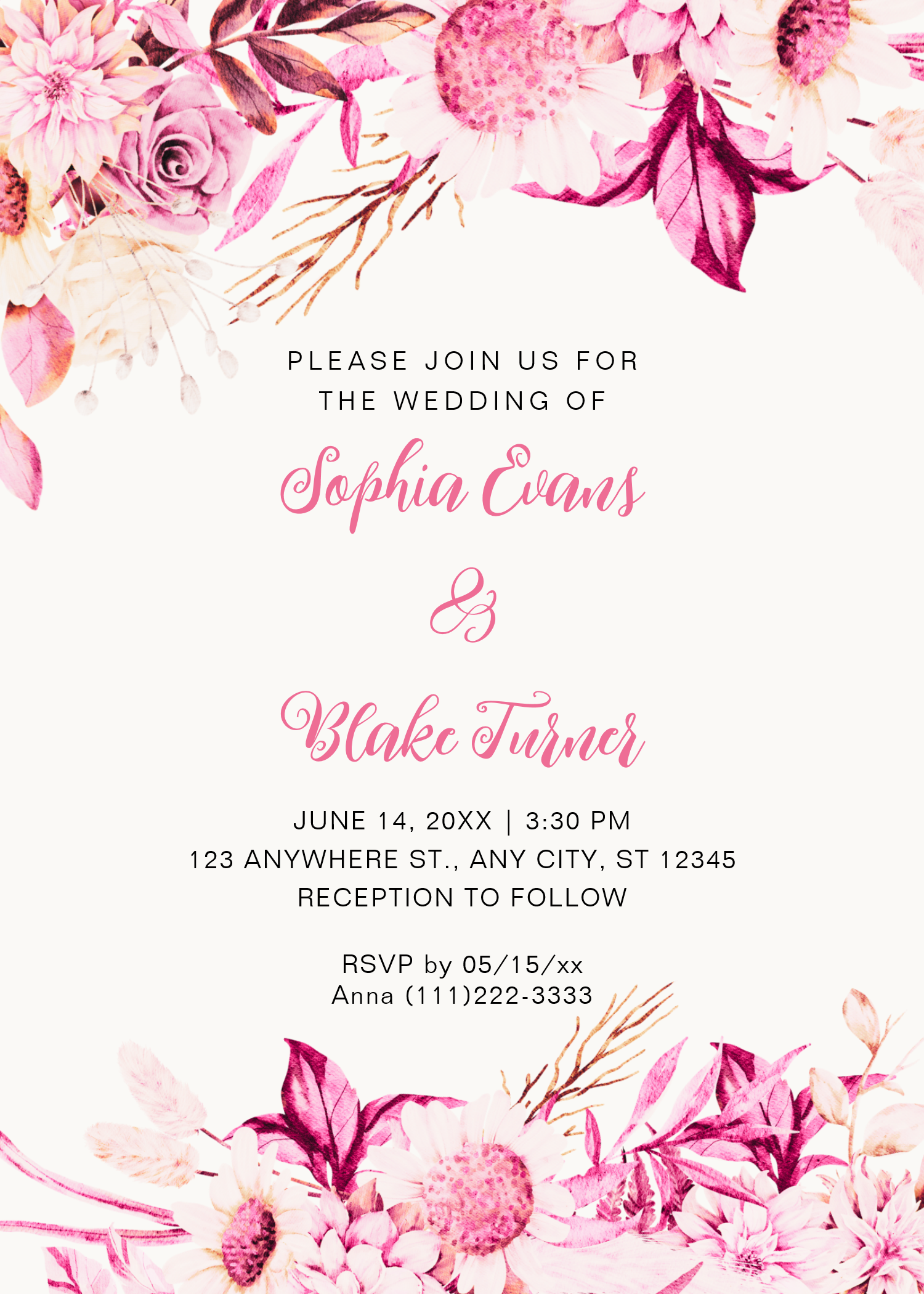 Pink and White Flowers Boho Off White Wedding Invitation, elegant wedding ideas