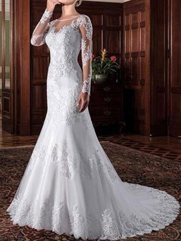 Vintage Wedding Bridal Dress Sheath Illusion Neck Long Sleeve Lace Applique Wedding Dresses With Train, elegant wedding ideas