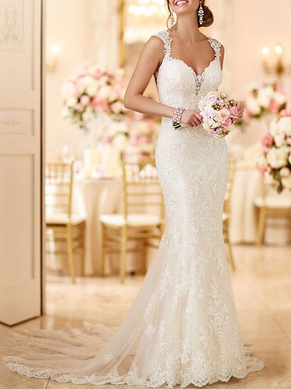 Wedding Bridal Gowns Mermaid Queen Annie Neck Sleeveless Lace Bridal Gowns, elegant wedding ideas