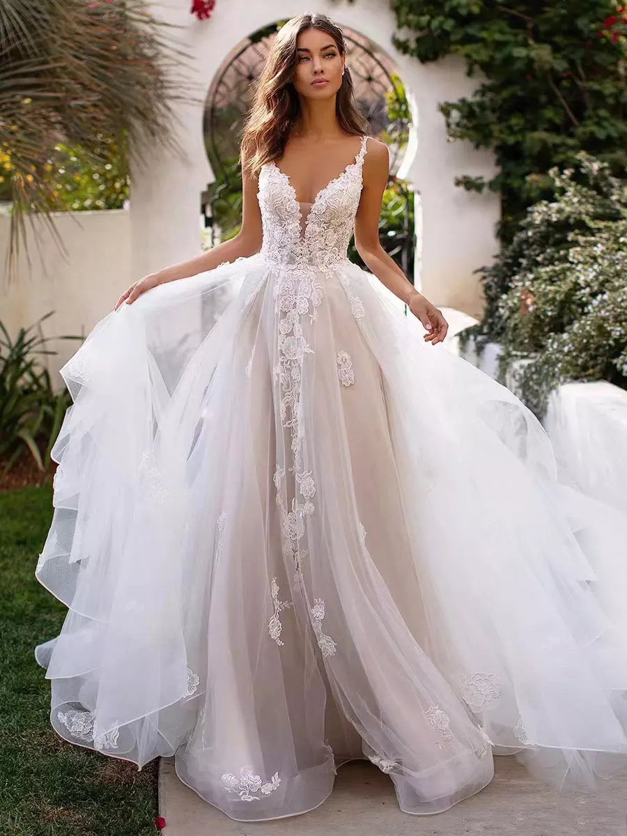 Wedding Dresses A Line V Neck Sleeveless Lace Appliqued Bridal Gowns With Train, elegant wedding ideas