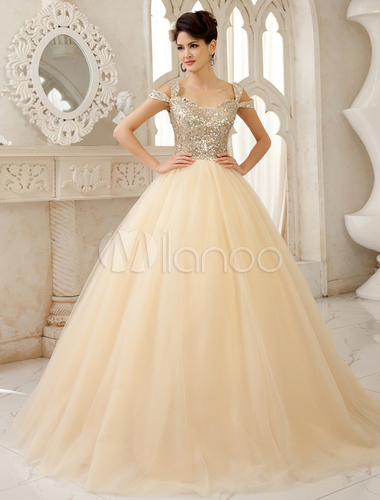 Champagne A-line Off-The-Shoulder Sequin Floor-Length Wedding Gown, exotic wedding dresses