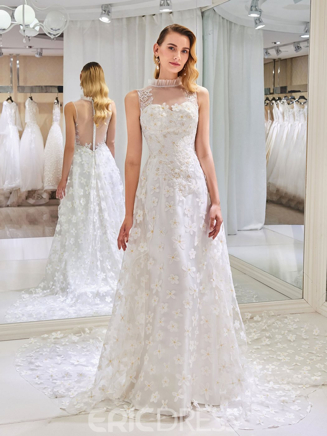 exotic wedding dresses, floral wedding dresses, High Neck Floral Button Wedding Dress