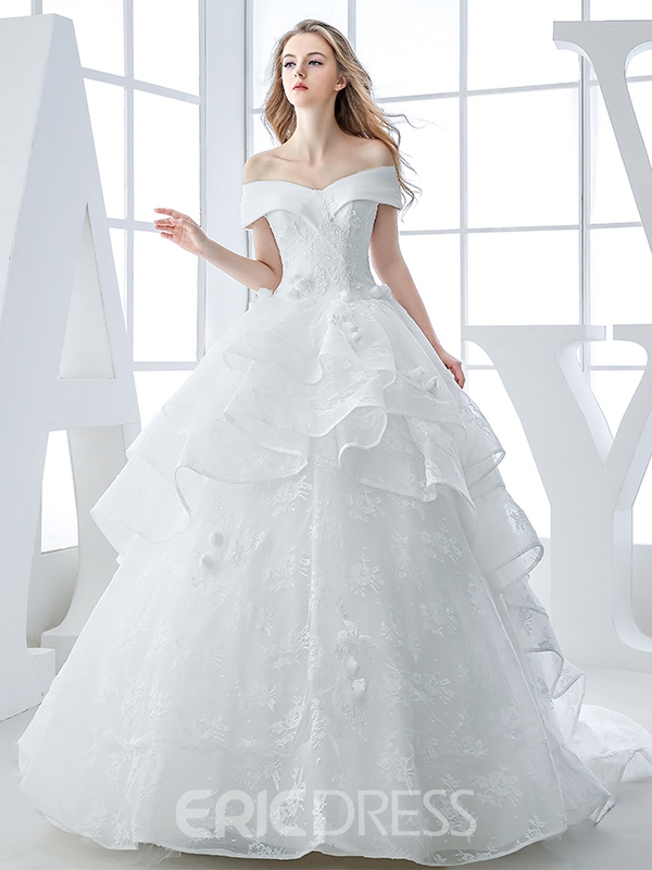 exotic wedding dresses, floral wedding dresses, Off The Shoulder 3D Floral Ball Gown Wedding Dress