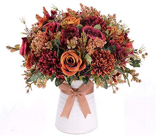 Artificial Autumn Colored Floral Arrangement In Vase With Bow