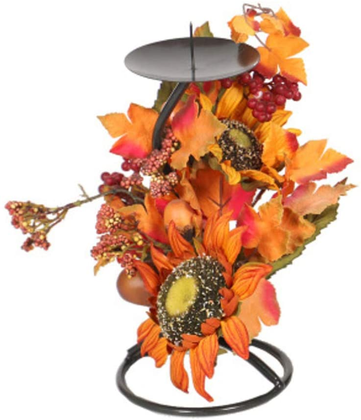 Decorative Tea Light Candle Holder Autumn Floral Arrangement with Maple Leaf Berry Sun Flower Decor