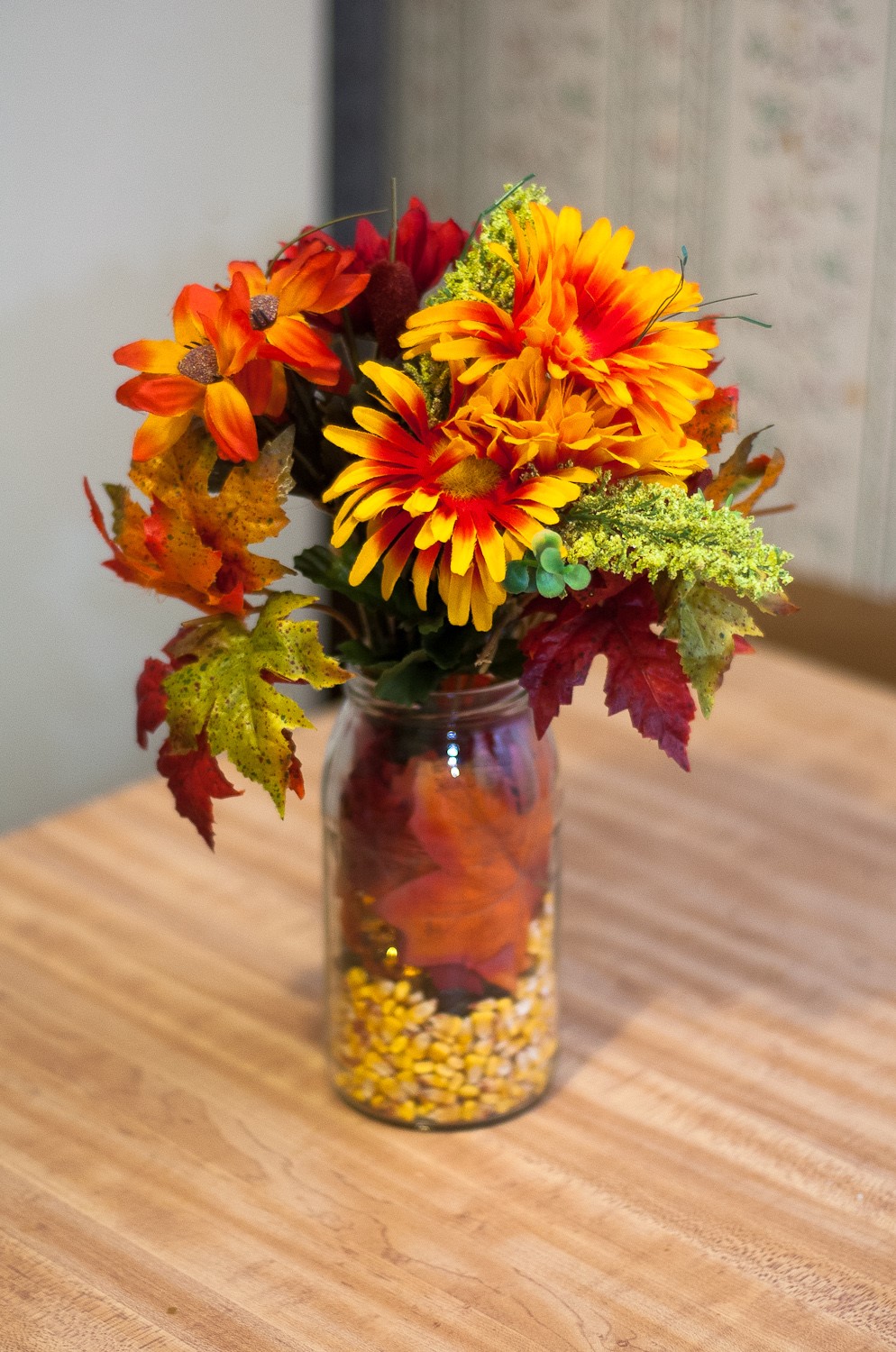 Creative Floral, Leaves and Corn Fall Wedding Centerpiece