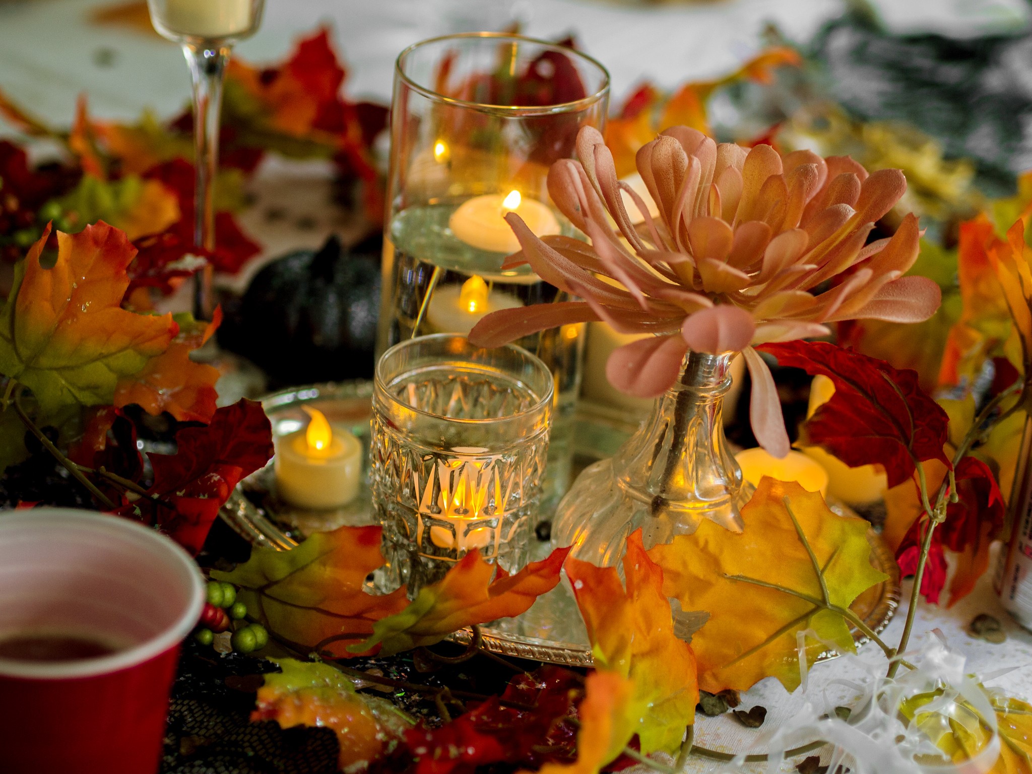 Floral and Candle Autumn Wedding Table Centerpiece