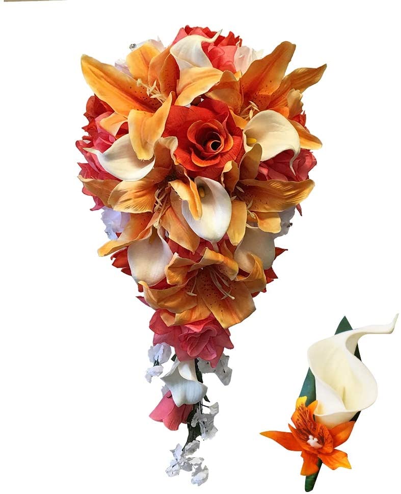 Long Cascading Autumn Wedding Bouquet in Shades of Orange