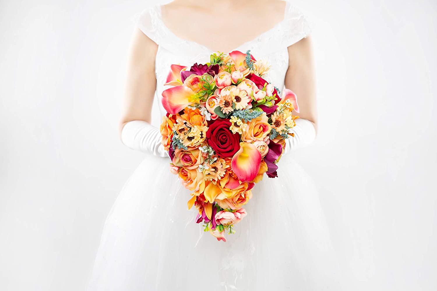 Cascading Bridal Bouquet Red Rose Champagne Orange Gradient Calla Lily Flowers