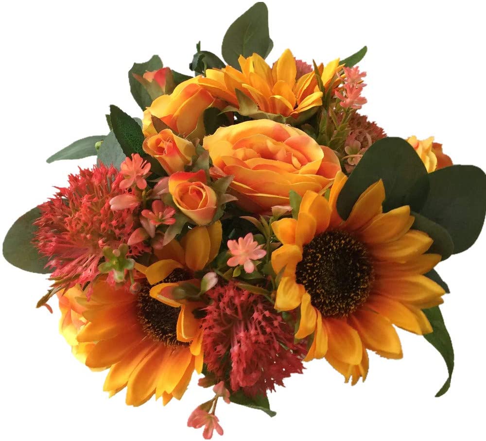 Artificial Orange Rose Sunflower Green Eucalyptus Leaf Bridal Bouquet