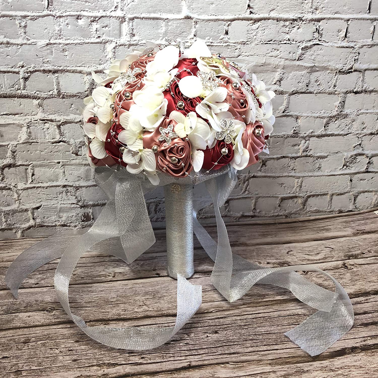 Silk Rose Wedding Bouquet Brooches Rhinestone (Burgundy+Silver)
