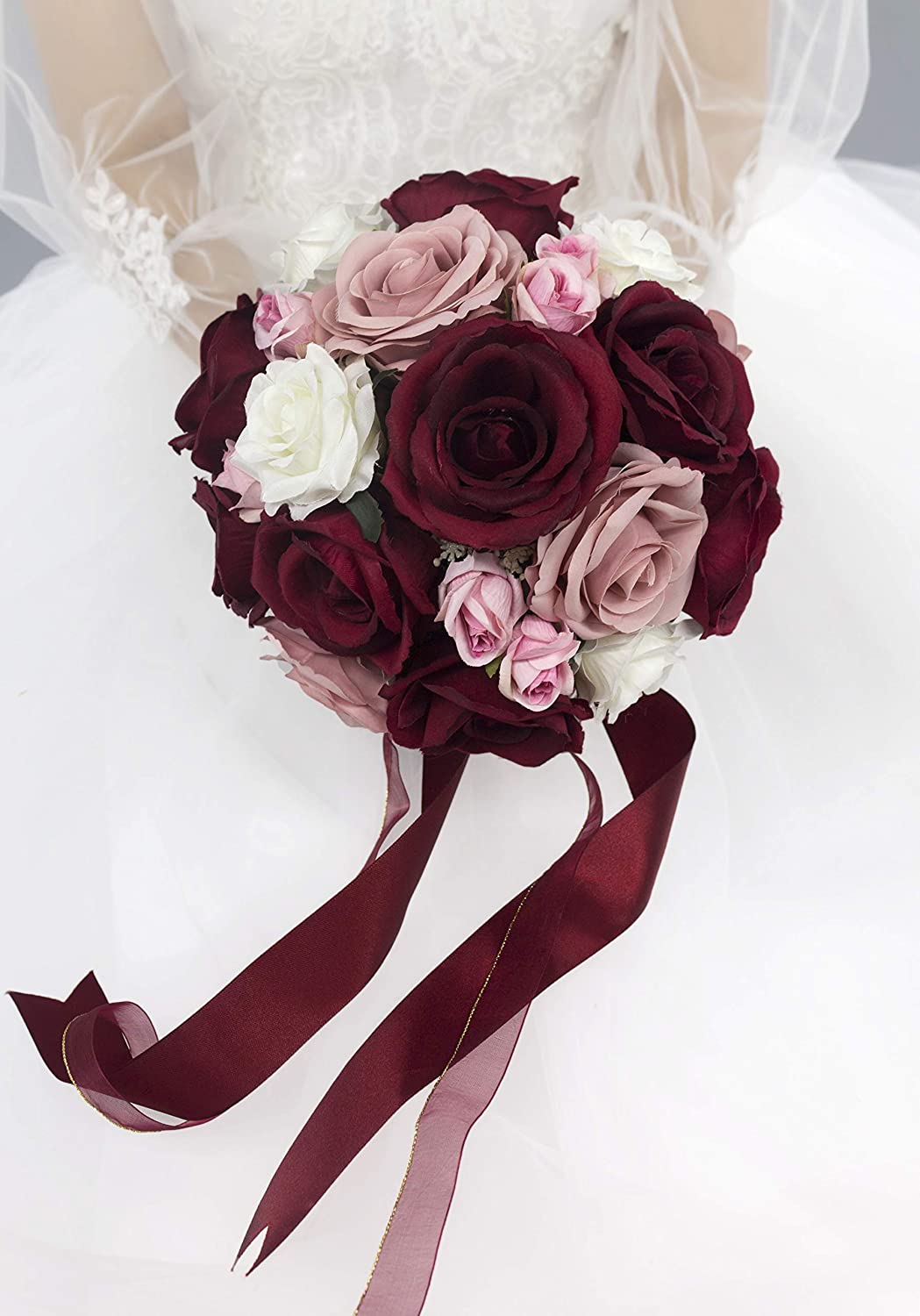 Burgundy Rose Bouquet-Blush Pink White Bouquet Wedding Flowers