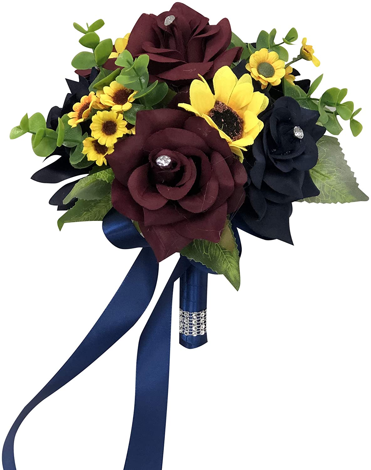Beautiful Fall Wedding Marine Navy, Wine Burgundy, Ivory, Sunflowers Artificial Bouquet