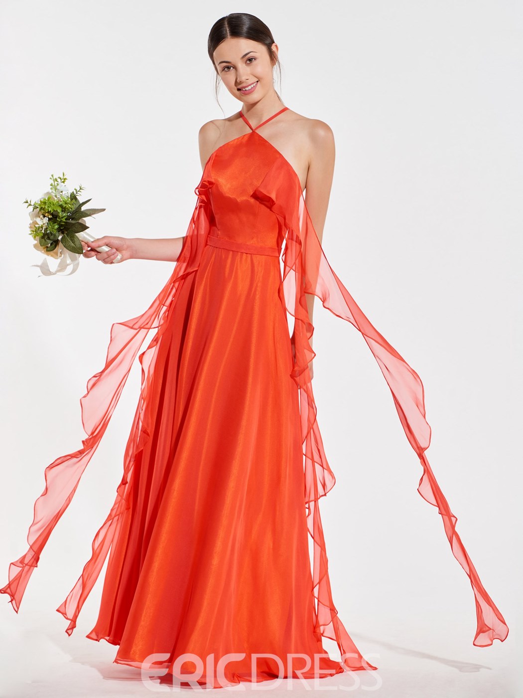 fall wedding colors, orange bridesmaid gowns, orange bridesmaid dresses, Orange Halter A-Line Ruffles Sashes Bridesmaid Dress