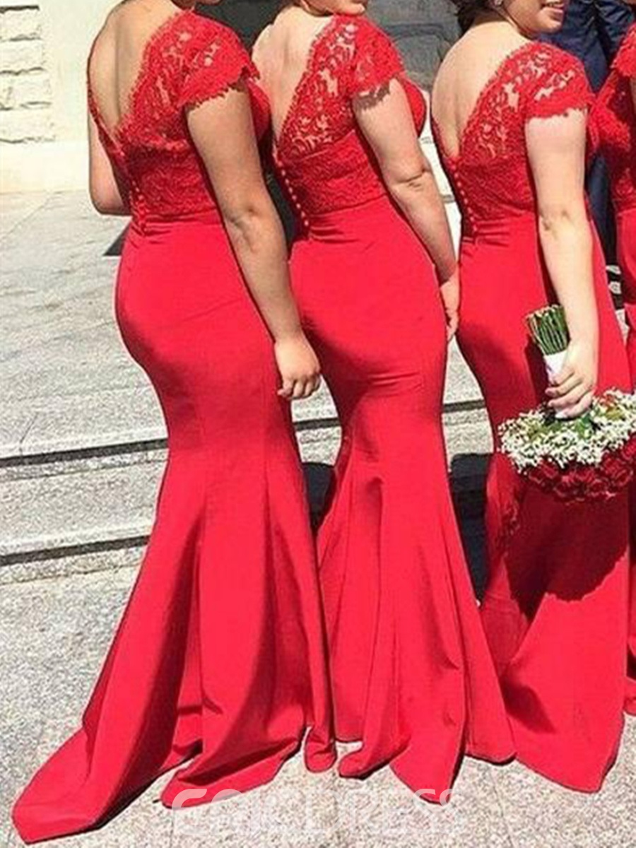 fall wedding colors, red bridesmaid dresses, red bridesmaid gowns,  V-Neck Lace Red Bridesmaid Dress