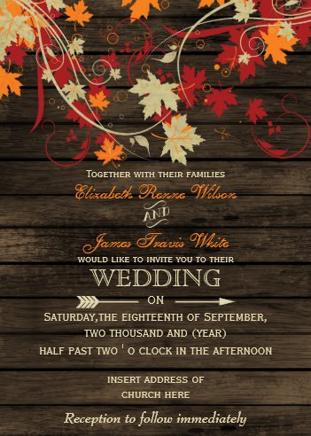 fall wedding colors, autumn wedding invitations, fall wedding colors, Barn Wood Rustic Fall Leaves Wedding invitations
