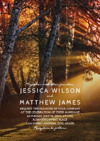 fall wedding colors, fall wedding invitations, autumn wedding invitations, Rustic Forest Country Tree Sunset Outdoor Wedding Invitation