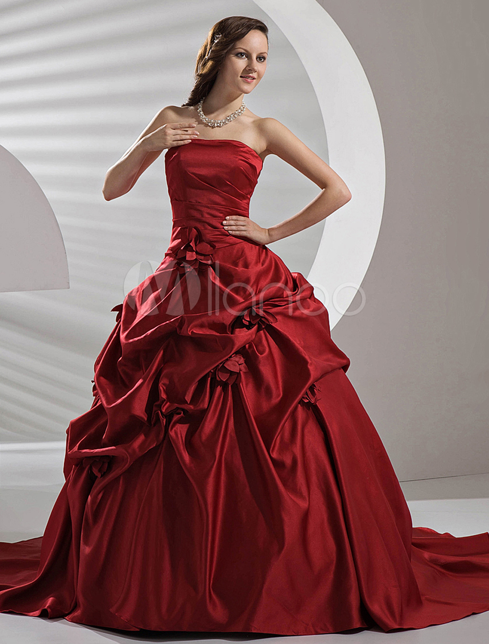 fall wedding colors, Burgundy Satin Pick-up Wedding Dress, red wedding dress, red bridal gown