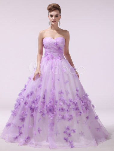 Fall Wedding Colors - Lilac Wedding Dress 3D Flower Bridal Gown Organza Strapless Sweetheart Lace Up Ruched Bridal Dress