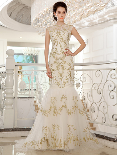 Fall Wedding Colors, Sweep Jewel Neck Mermaid Embroidered Ivory Bridal Wedding Dress, IVory Wedding Gown, Champagne wedding dresses