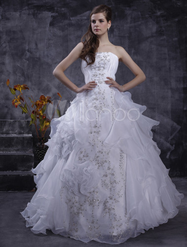 Fall wedding colors, fall wedding gown, fall wedding dress, White Wedding Strapless Organza Bridal Gown Ruffles Tiered Lace Embroidered Sequin Floor Length Wedding Gown
