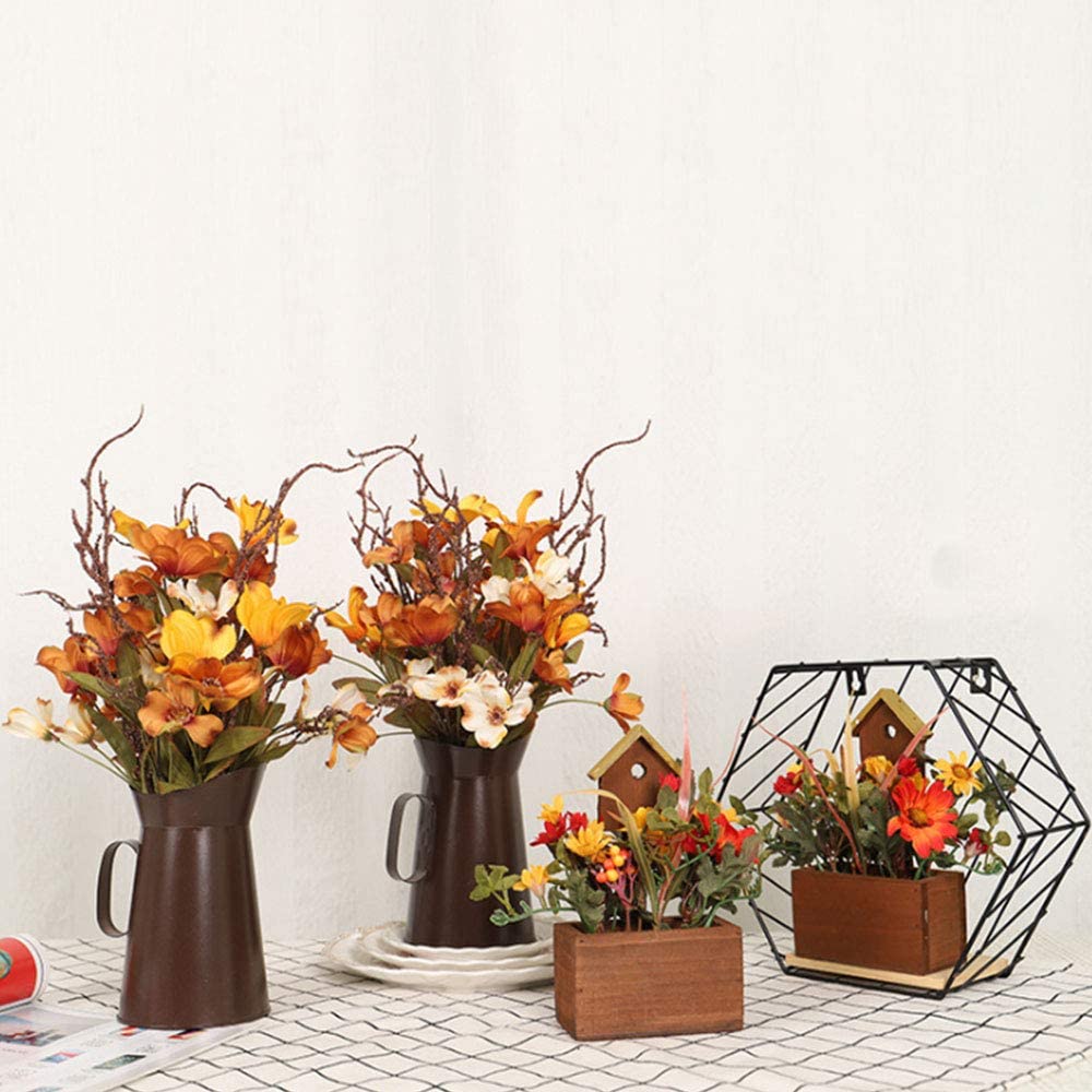 Artificial Orange Silk Autumn Flowers with Vintage Metal Pitcher Flower Vase