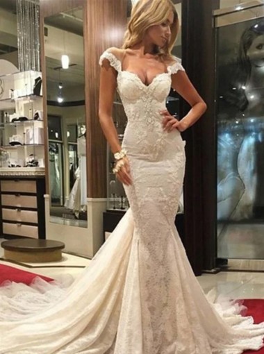 fall wedding gowns, autumn wedding dresses, Mermaid Scoop Illusion Back Cap Sleeves Court Train Lace Wedding Dress