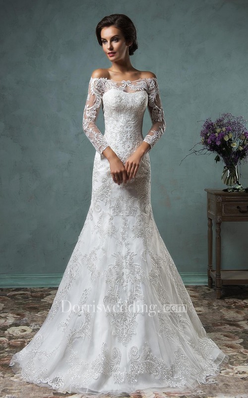 A-Line Mini Off-The-Shoulder Long Sleeve Bell Beading Appliques Button Lace Sequins Dress, fall wedding gowns, Autumn off the shoulder wedding dress