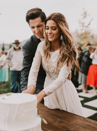 fall wedding gowns, autumn wedding dresses, A-Line Bateau Long Sleeves Chiffon Wedding Dress with Appliques