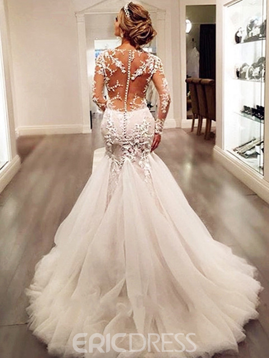 Charming Appliques Backless Mermaid Wedding Dress, Fall Wedding Gowns, Mermaid Wedding Dresses For Fall