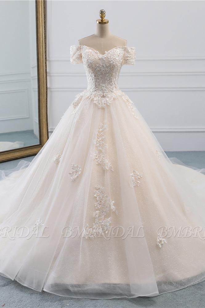 fall wedding gowns, autumn wedding dresses, Off-the-Shoulder White Tulle Lace Wedding Dress Sweetheart Appliques Bridal Gown