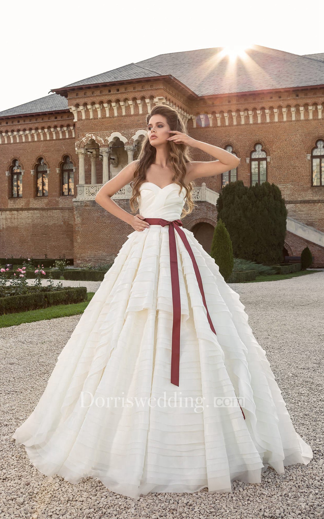 Sweetheart Low V Back Bow Dress With Cascading Ruffles, Fall Wedding Gowns, A Line Autumn Wedding dress with ruffles