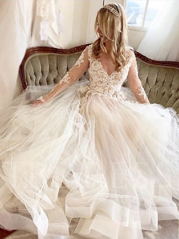 V-Neck Appliques Long Sleeve Wedding Dress, fall wedding ideas, autumn wedding ideas, autumn weddings, fall weddings