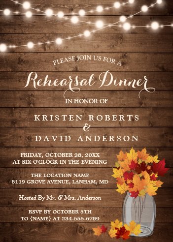 fall wedding themes, fall wedding invitations, autumn wedding invitations, leaves wedding invitations, Autumn Rehearsal Dinner Rustic Wood String Lights Invitation