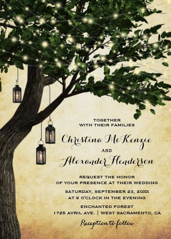 Fall wedding themes, fall wedding invitations, autumn wedding invitations, rustic wedding invitations, Vintage Rustic Woodland Lantern Lit Tree Wedding Invitation