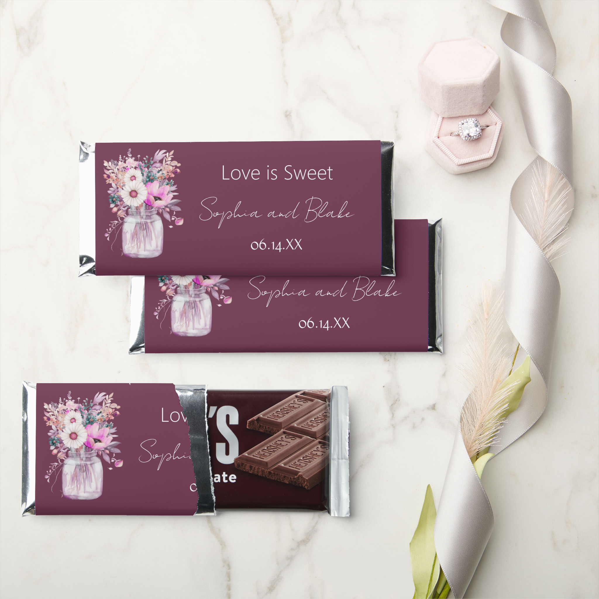 Hershey Bar Wedding Favors, Burgundy Hershey Bar, Chocolate Wedding Favor