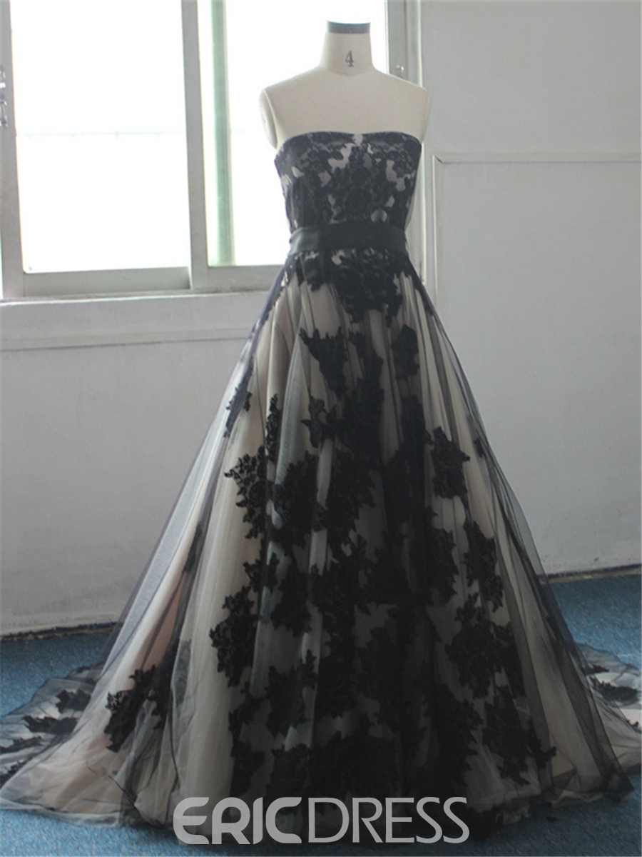 funky wedding dresses, black wedding dresses, Strapless Appliques Black Wedding Dress