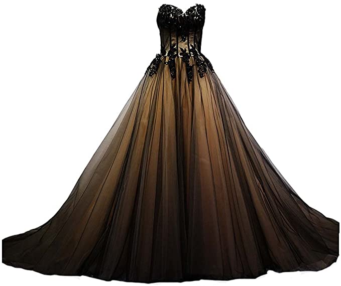 funky wedding dresses, black wedding dresses, gothic wedding dresses, Sweetheart Black Tulle Gold Lace Corset Ball Gown Gothic Wedding Dresses