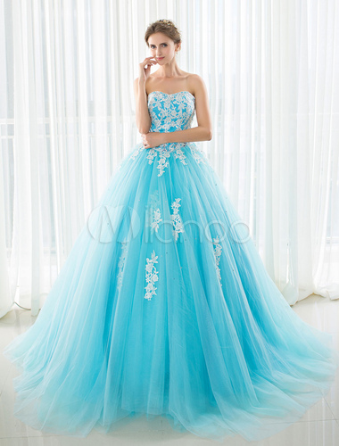 funky wedding dresses, blue wedding dresses, Blue Wedding Dress Lace Applique Tulle Court Train Strapless Sweetheart Lace-up A-line Bridal Gown