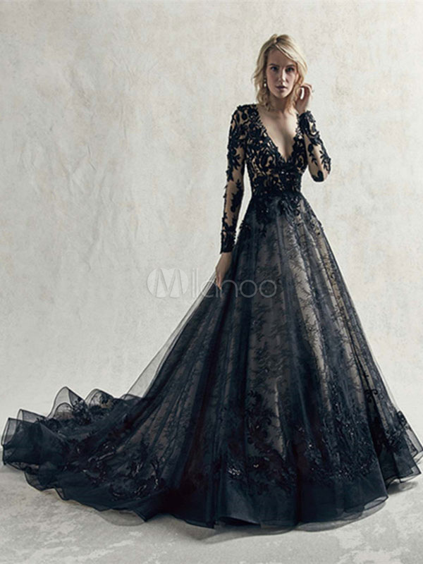 funky wedding dresses, black wedding dresses, Black Wedding Dresses Lace Princess Silhouette Long Sleeves Natural Waist Lace Court Train Bridal Gown