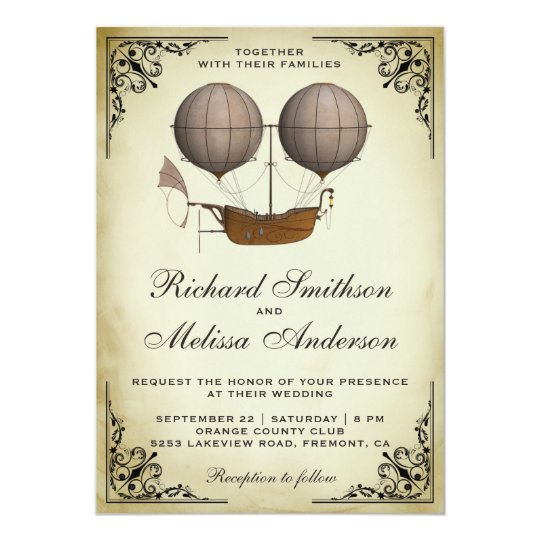 funky wedding invitations, vintage wedding invitations, unique wedding invitations, Vintage Airship Hot Air Balloon Wedding Invitation